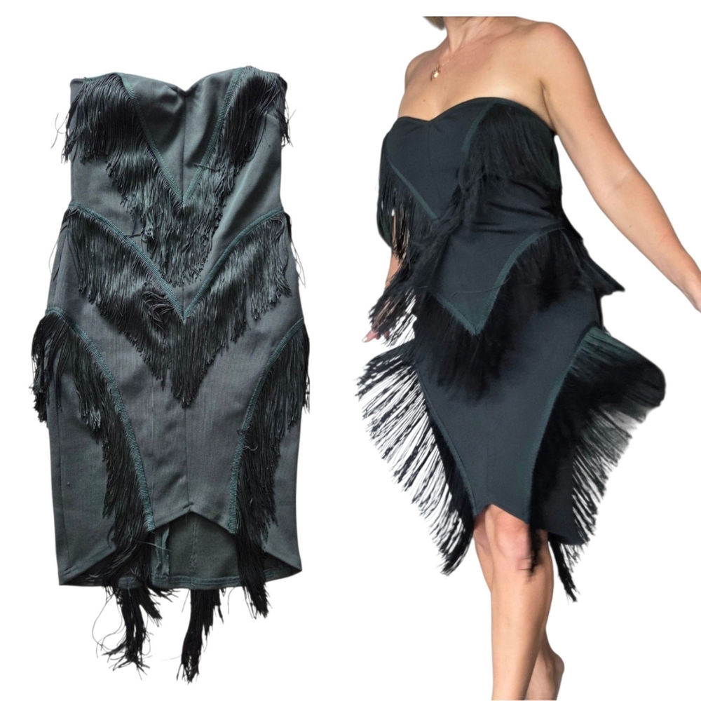 Emerald Green Strapless Fringe Mini Dress Sz M Bandage Fitted Sweetheart Neck‎